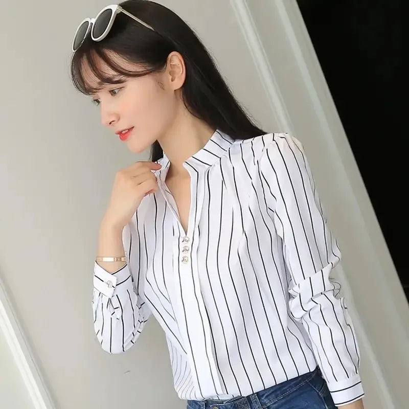 Women's Striped Slim Fit Long Sleeve Blouse — Casual Office Lady Pullover Top | 3 Colors | S–XXXL