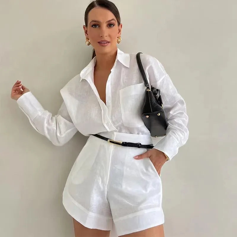 Women's Long Sleeve 2-Piece Set | Button Detail Shirt & Shorts