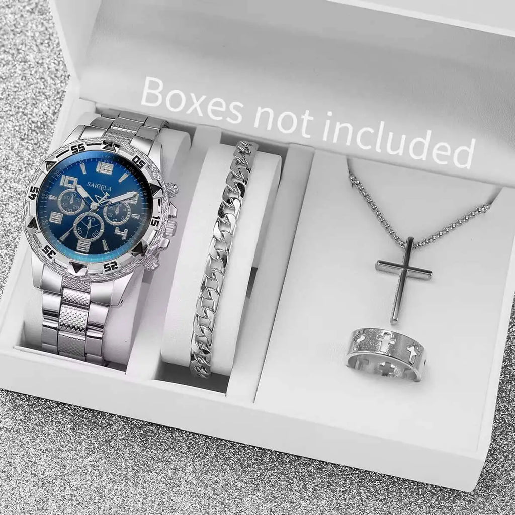 Men's 4-Piece Luxury Watch & Jewelry Set | Quartz Watch, Bracelet, Necklace & Ring