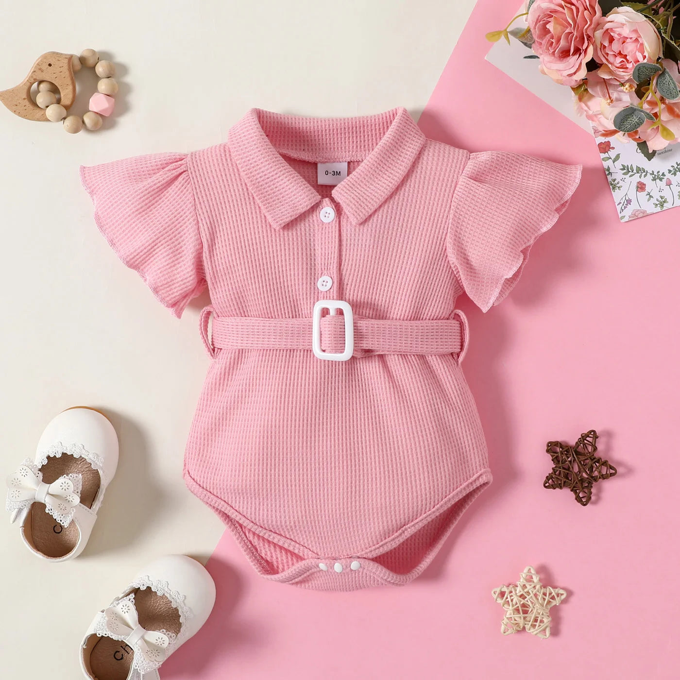 Multi-color Fashion Girls Lapel Ruffled Sleeve Design Short Sleeve Onesie + Same Color Belt Single-breasted Placket Summer Suit