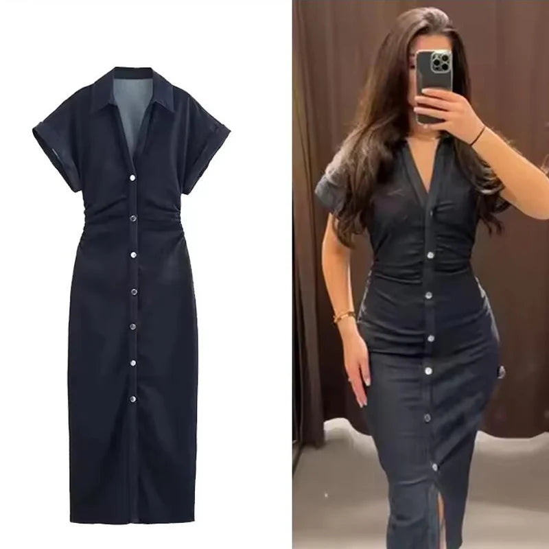 Women's Denim Midi Dress – Casual Ruched Short Sleeve A-Line Streetwear