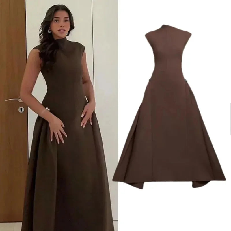 Elegant Asymmetric Collar Sleeveless A-Line Maxi Dress – Women's Evening Gown
