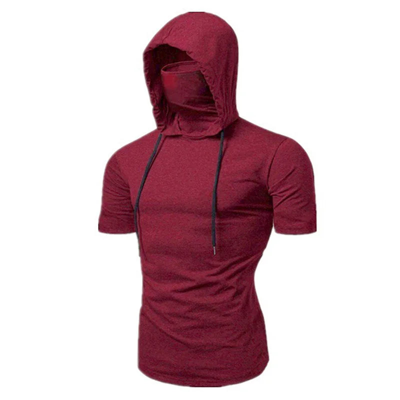 Mens Gym Thin Hoodie Short Sleeve Hoodies With Mask Sweatshirt Casual Splice Large Mask Hoodie Sweatshirt Hooded Tops Cycling
