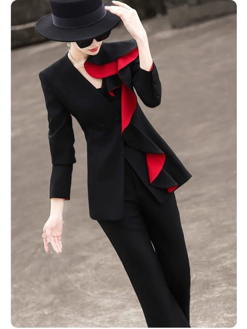 Women's Ruffle Blazer & Flare Pants Set — Elegant Two-Piece