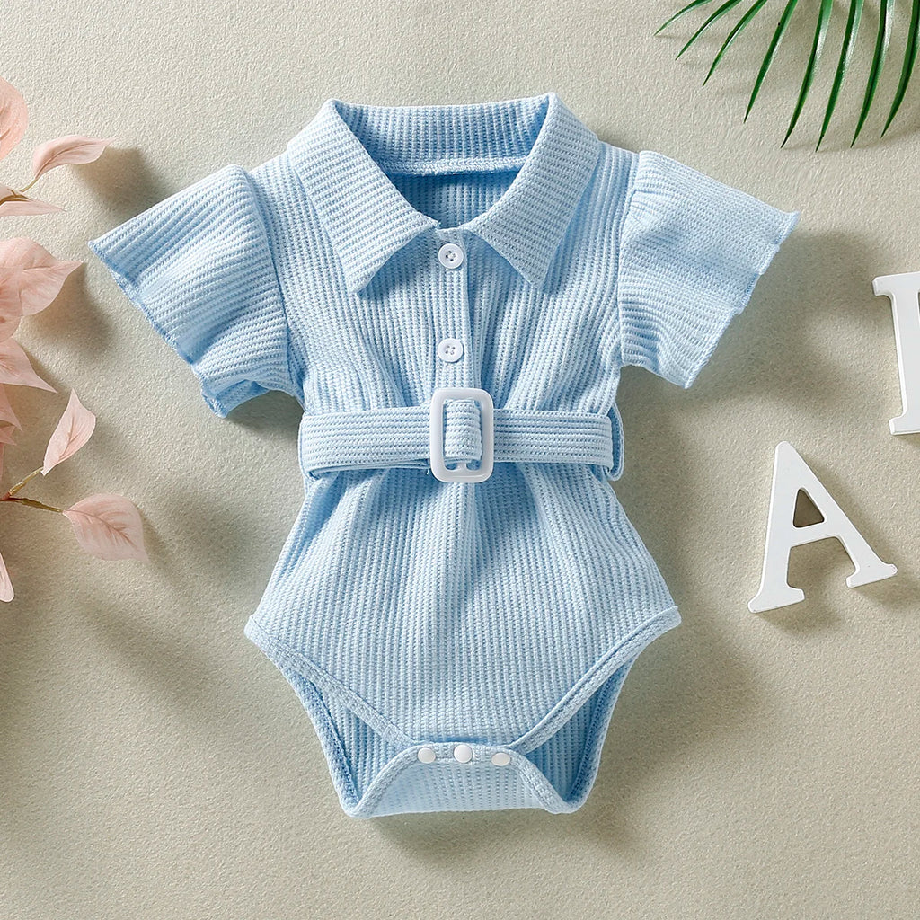 Multi-color Fashion Girls Lapel Ruffled Sleeve Design Short Sleeve Onesie + Same Color Belt Single-breasted Placket Summer Suit