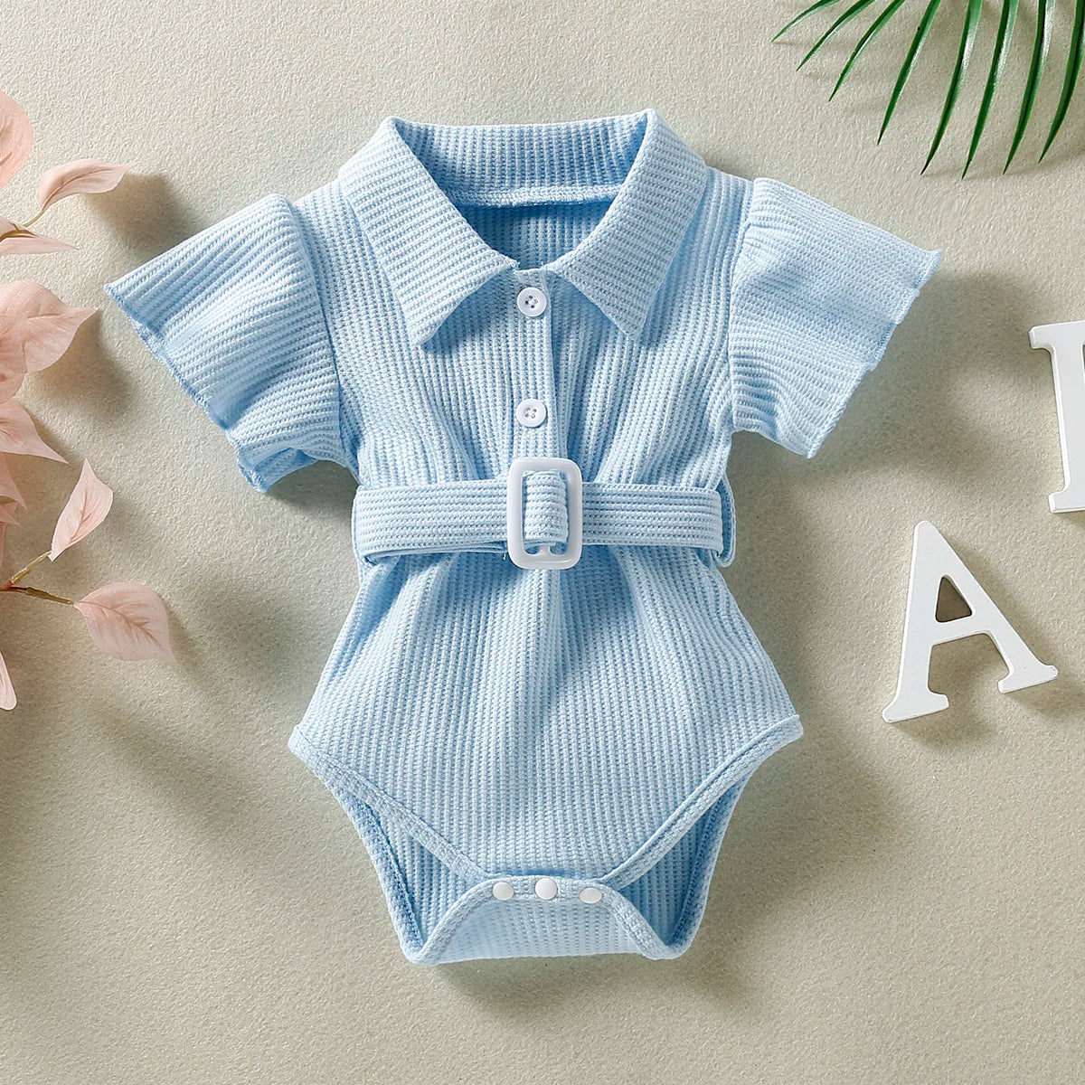 Multi-color Fashion Girls Lapel Ruffled Sleeve Design Short Sleeve Onesie + Same Color Belt Single-breasted Placket Summer Suit
