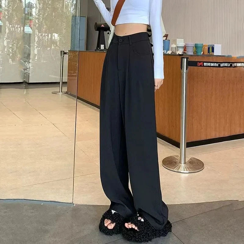 Women's High Waist Belt Wide-Leg Trousers – Solid Color Baggy Office Pants