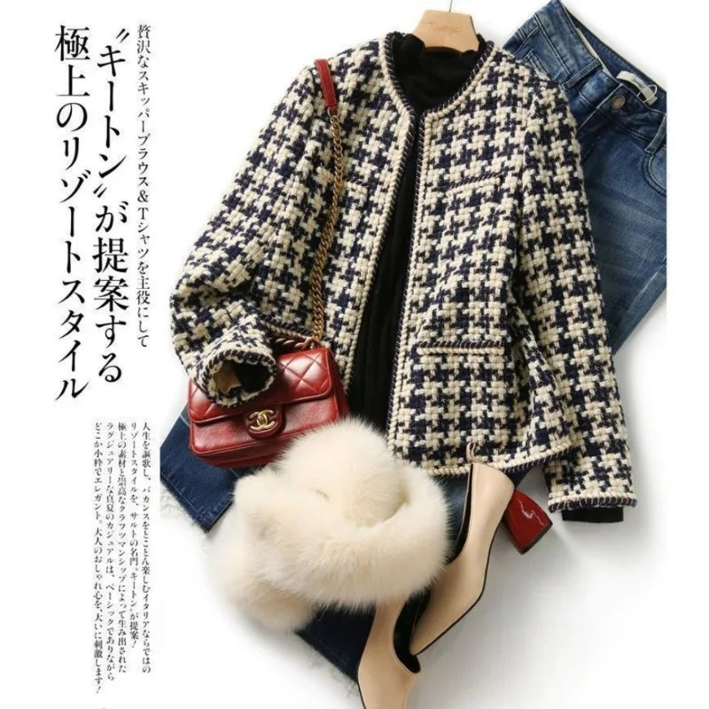Women's Plaid Tweed Blazer – Elegant Office Jacket with Pockets