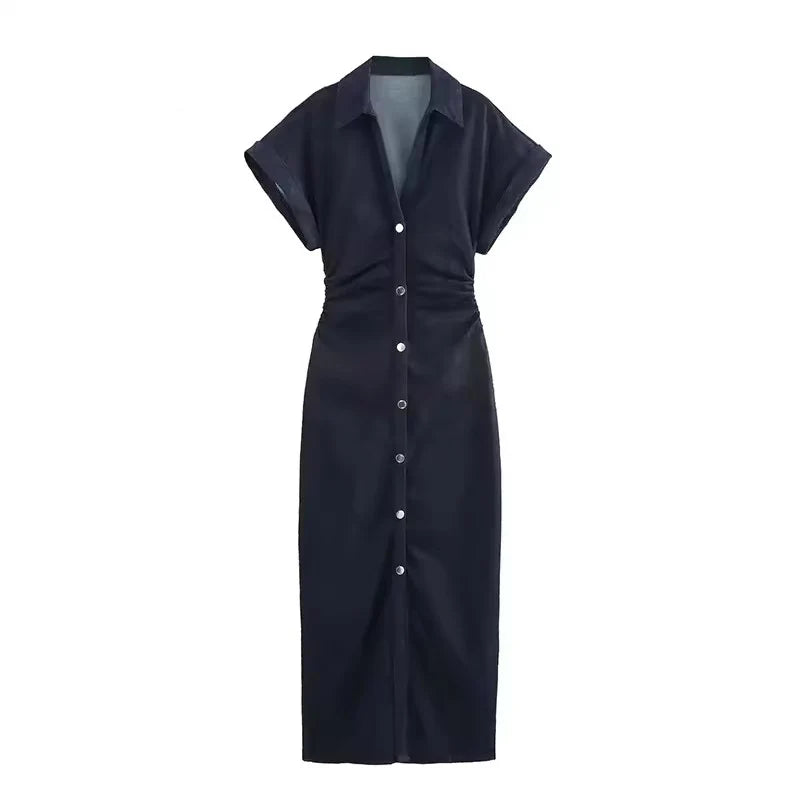 Women's Denim Midi Dress – Casual Ruched Short Sleeve A-Line Streetwear