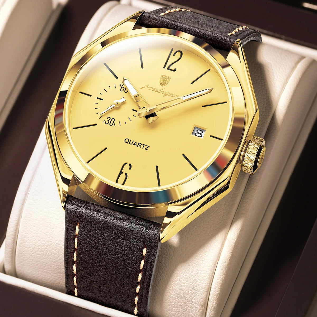 POEDAGAR Men's Leather Quartz Watch