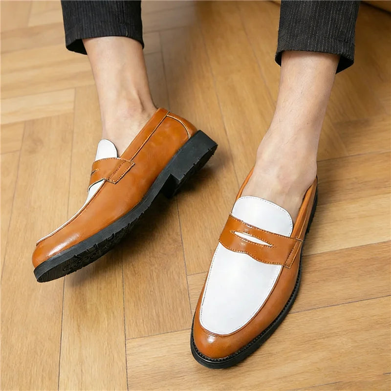 Fashion New Pointed Two-tone Mixed Patchwork Slip on For Men Wedding Homecoming Dress Shoes Flats Casual Loafer  Zapatos Hombre