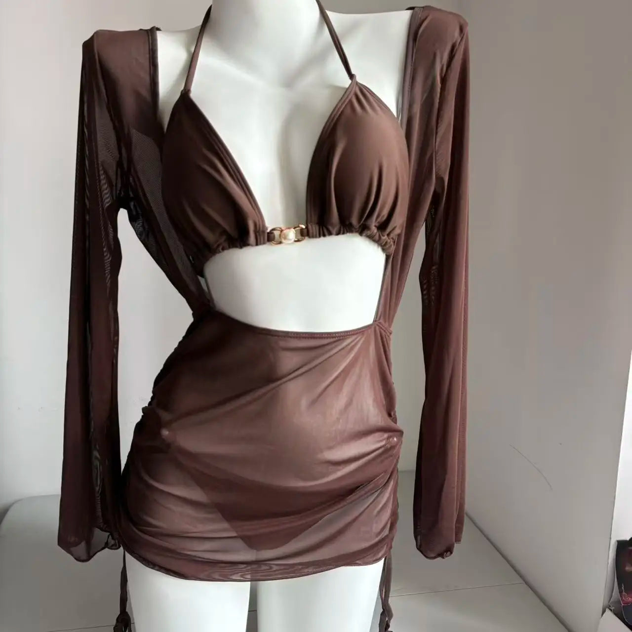 2026 3 Pieces Set Swimsuit Women Thong Swimwear Sexy Matching Bikini Set Long Sleeve Dress Cover Up Beachwear Bathing Suit