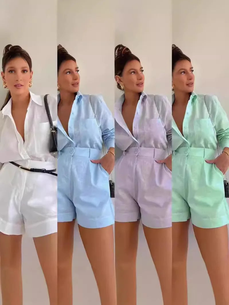 Women's Long Sleeve 2-Piece Set | Button Detail Shirt & Shorts