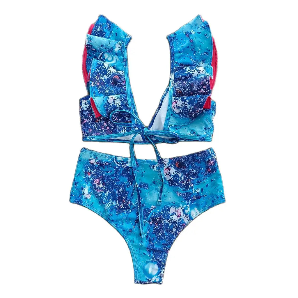 2025 New Sexy High Waist Bikini Sets Ruffle Swimwear Women Swimsuit Print Floral Dots V-neck Beach Wear Bathing Suits Biquini