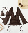 2026 3 Pieces Set Swimsuit Women Thong Swimwear Sexy Matching Bikini Set Long Sleeve Dress Cover Up Beachwear Bathing Suit