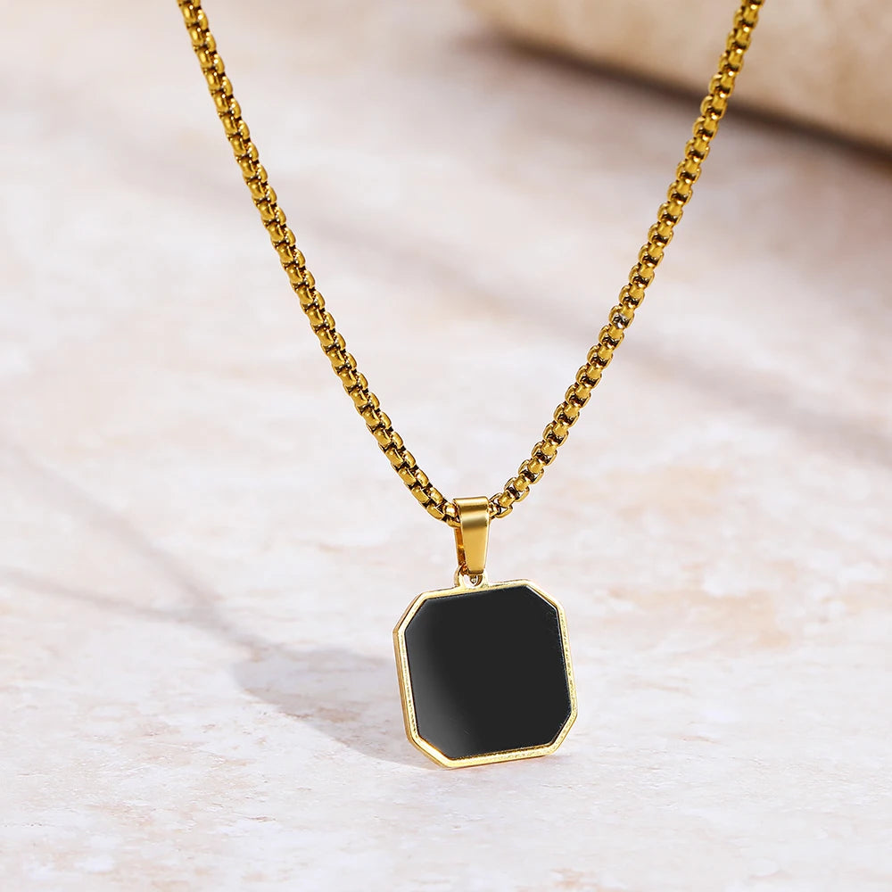 Geometric Square Pendant Necklace – Stainless Steel Sweater Chain