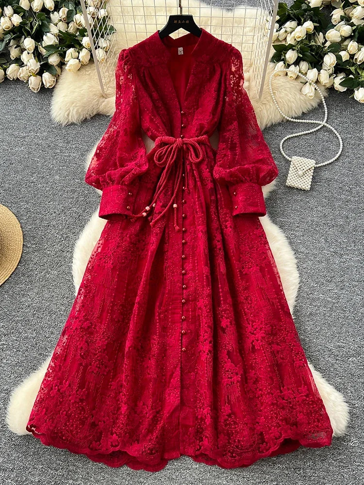 V-Neck Lace Maxi Dress