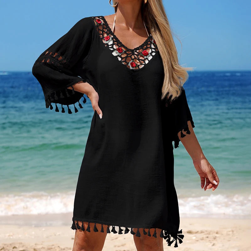 Hand Hook Patchwork Transparent Bikini Cover-Up, Floral Decoration Fashion Casual Dress, Loose-Fitting Style, Women's Swimwear