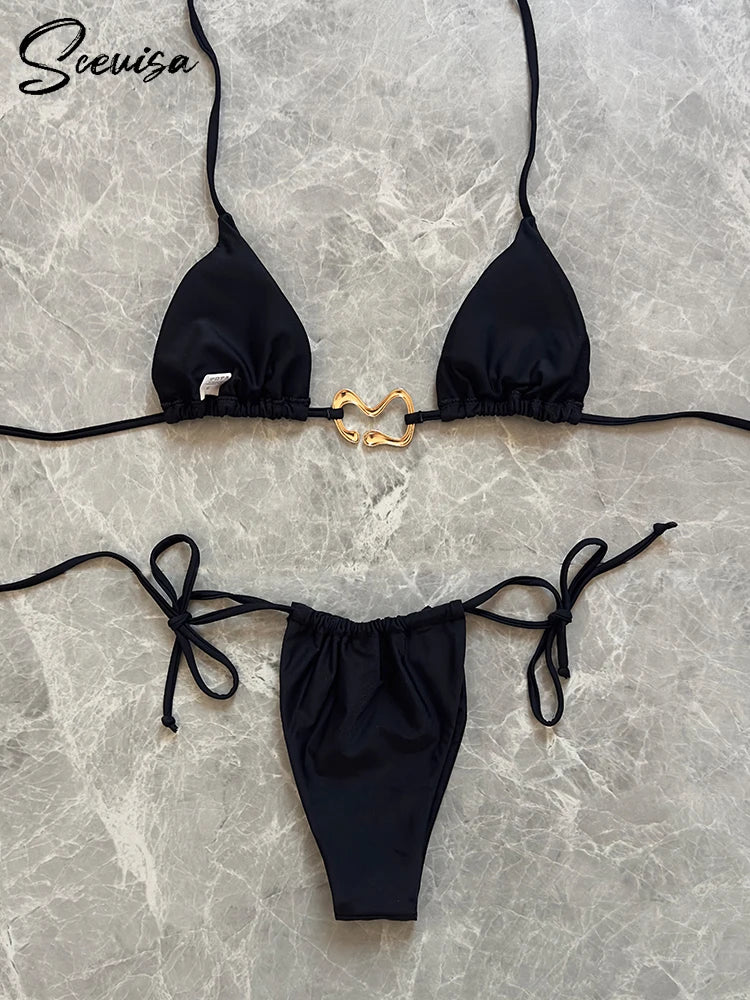2024New Sexy Low Waisted Bikini Set Swimsuit Swimwear Women Strappy Solid Red Halter Thong Beachwear Bathing Suit biquini Summer