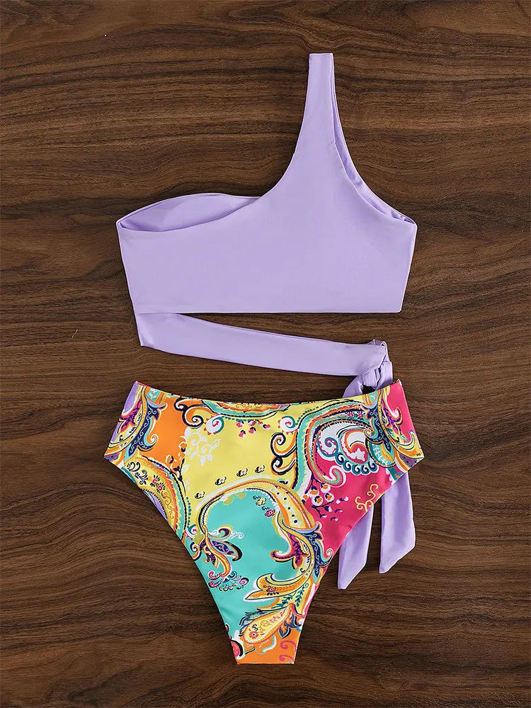 2025 New Push Up Single Shoulder Stripe Women Bikini Set High Cut Printed Bottom Padded Swimwear Summer Beachwear Bathing Suit