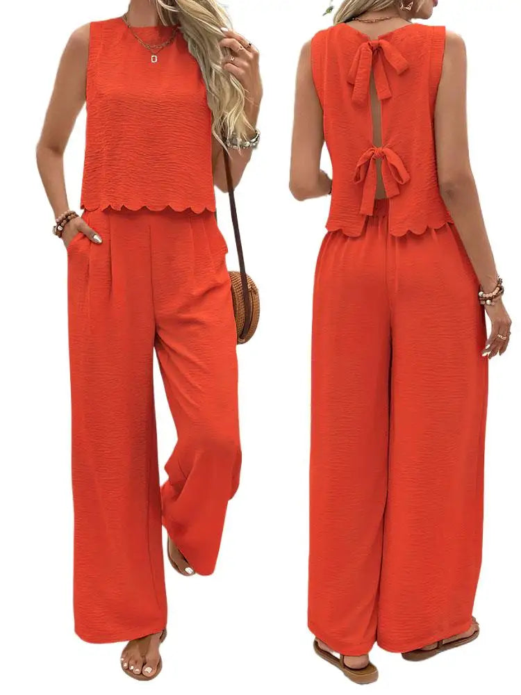 Women's 2-Piece Sleeveless Bow Knot Top & Elastic Wide Leg Pants Set – Casual Summer Outfit