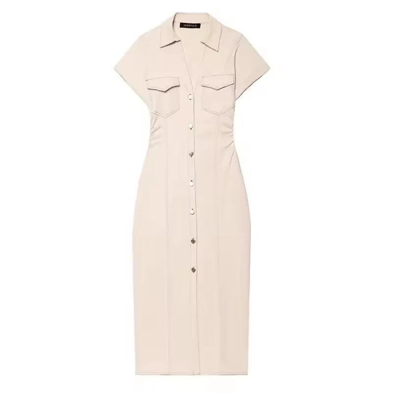 Women's Denim Midi Dress – Casual Ruched Short Sleeve A-Line Streetwear