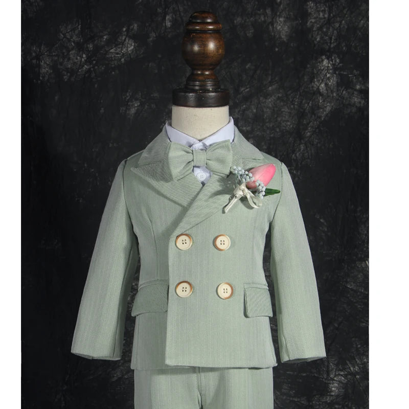 Boys' Formal Green Suit Set – Double-Breasted Blazer & Pants for Wedding & Birthday