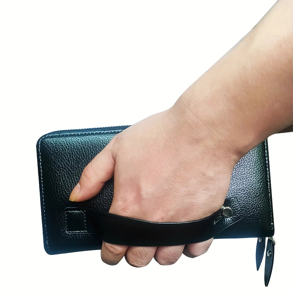 Men's Long Leather Wallet & Clutch — Large Business Zip-Around Purse with Phone & Card Holder | Brown & Black