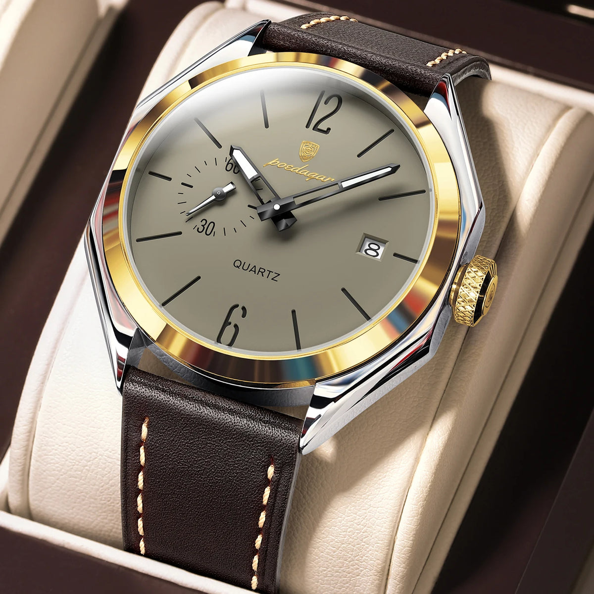 POEDAGAR Men's Leather Quartz Watch