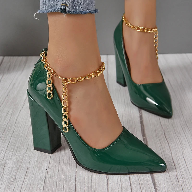 Aphixta Hot Sale Sexy Super High Heel 10cm Square Heels Pumps Women Gold Metal Chain Ankle Strap Shoes Pointed Toe Big Size50 53