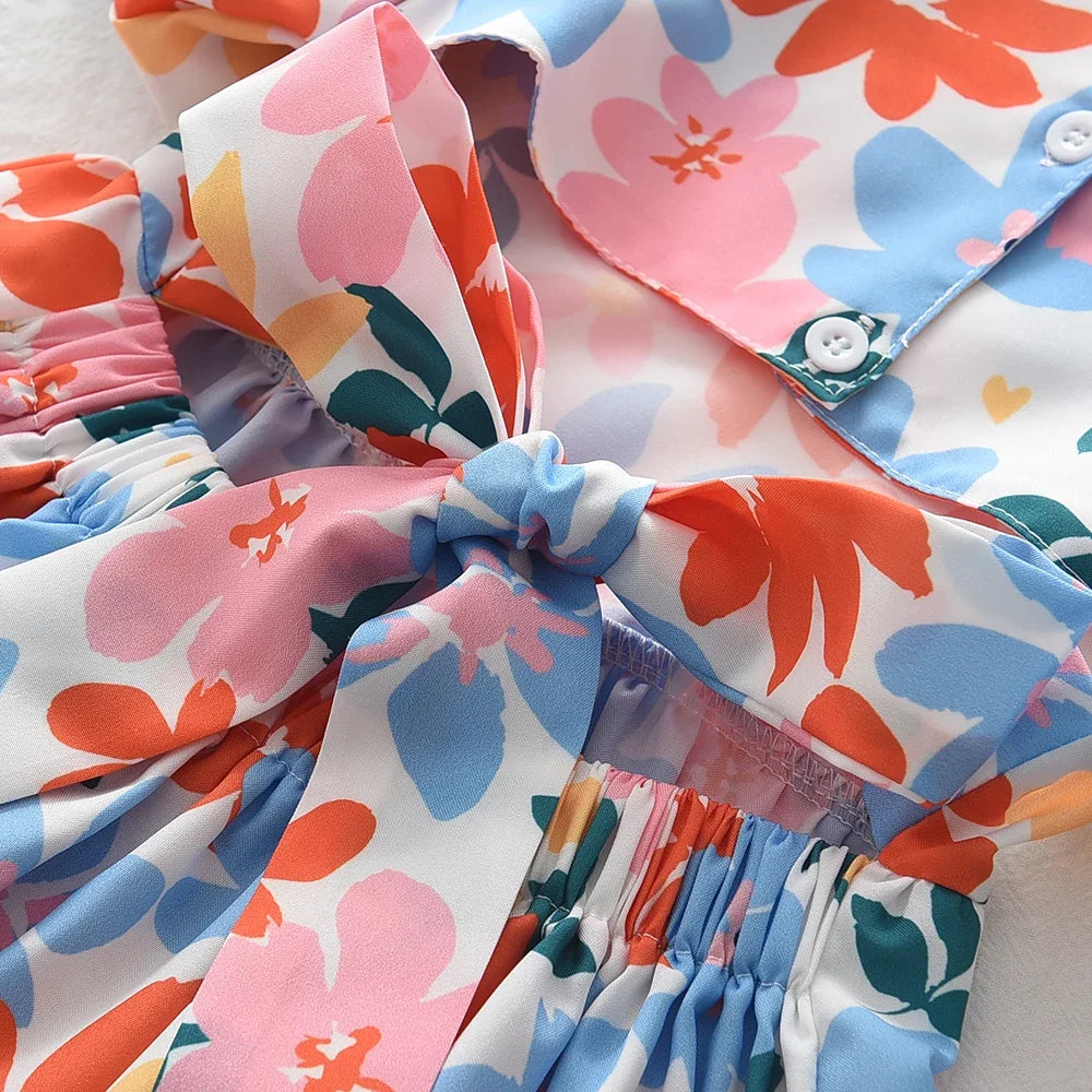 Summer New Fashionable Floral Countryside Style Dress for Baby Girls Colorful Floral Short Sleeved Dress for Girls Aged 3-7