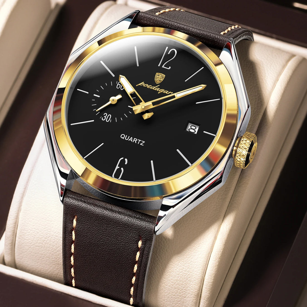 POEDAGAR Men's Leather Quartz Watch