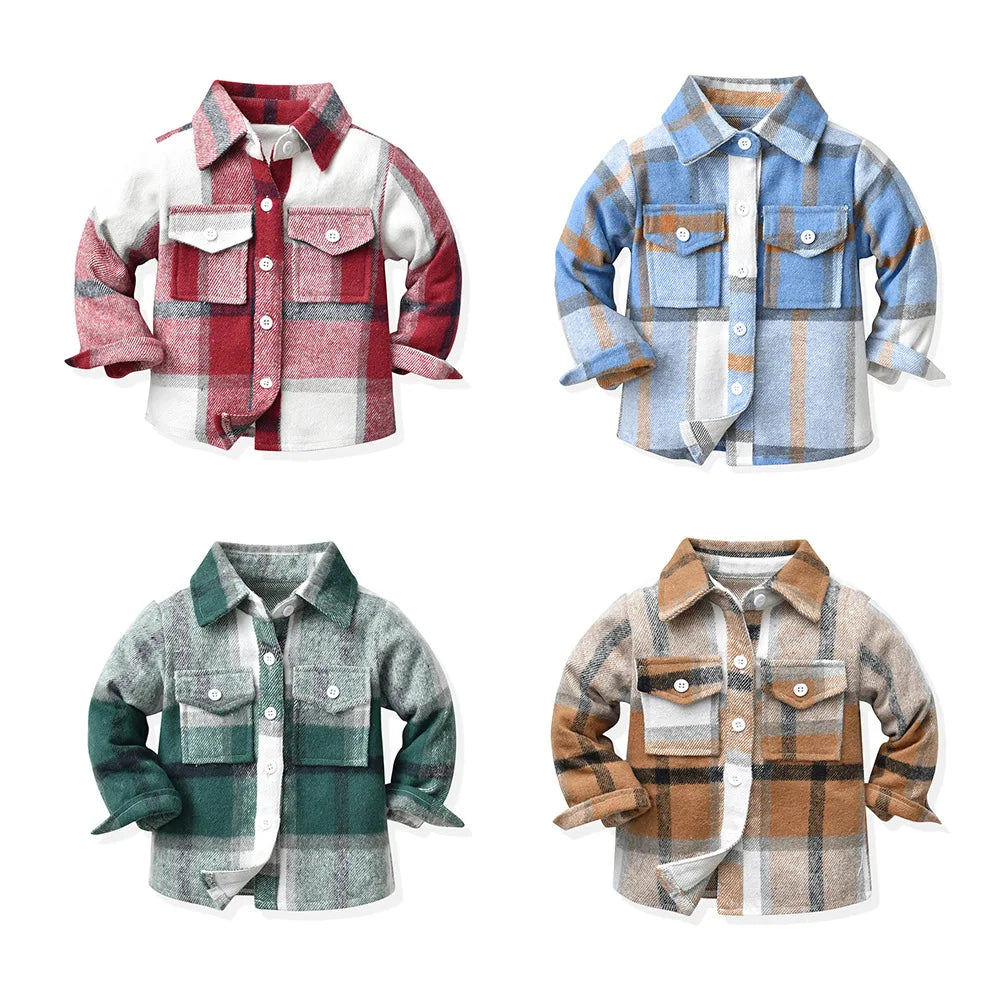 Kids' Korean Plaid Double-Breasted Cardigan Coat – Trendy Unisex Short Jacket for Boys & Girls
