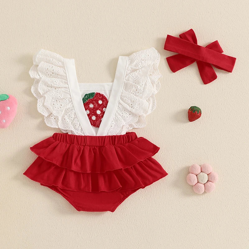 Strawberry Outfit Baby Girl Strawberry Print Bubble Romper Ruffle Bodysuit Sleeveless Overalls Jumpsuit Headband Set