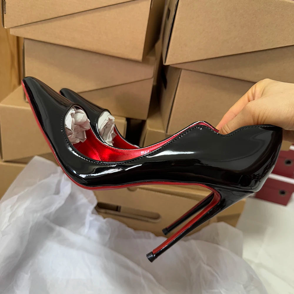 Veowalk Wave Cut Women Pointed Toe Stiletto Pumps Fashion Design Red Inside Slip On 12cm High Heel Shoes Glossy Nude Black White