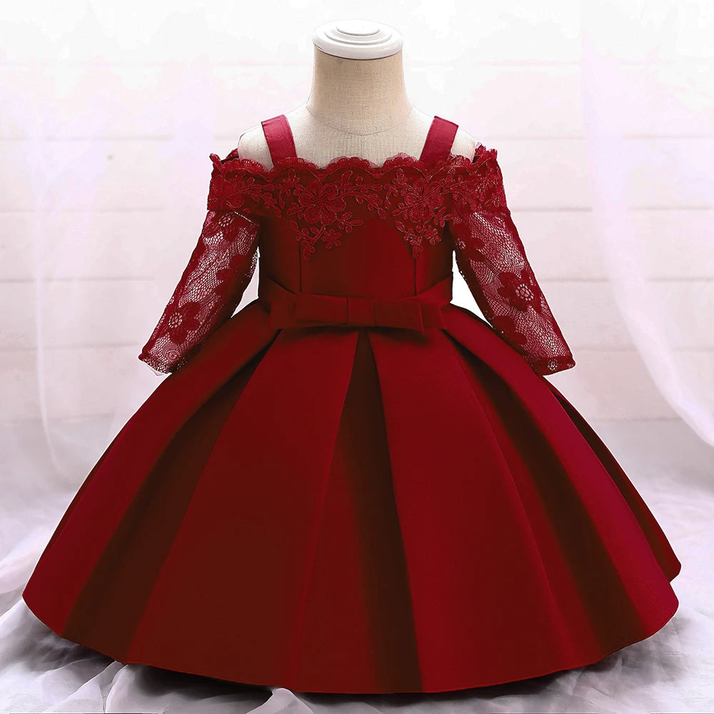 Toddler Baptism Party Baby Girls Dresses Long Sleeve 1st Birthday Princess Wedding Prom Dress Girl Lace Flower Chritsmas Costume