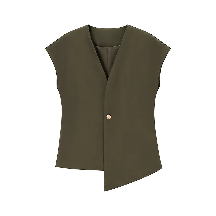 Women's V-Neck Buckle Vest & High Waist Wide-Leg Pants – Chic 2-Piece Office Set