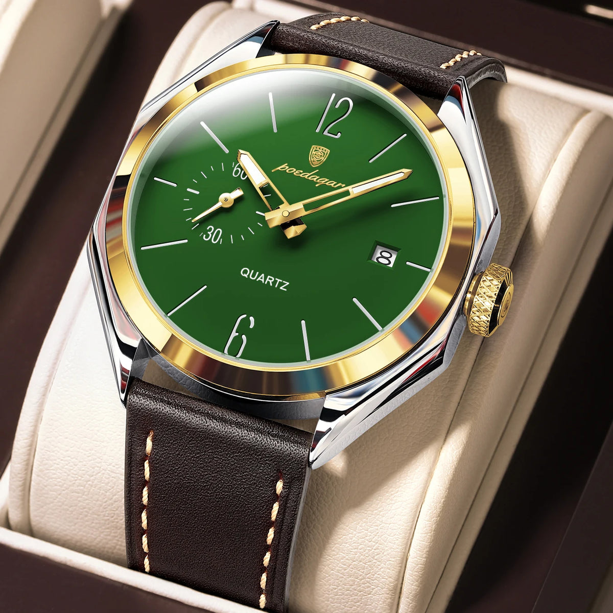 POEDAGAR Men's Leather Quartz Watch