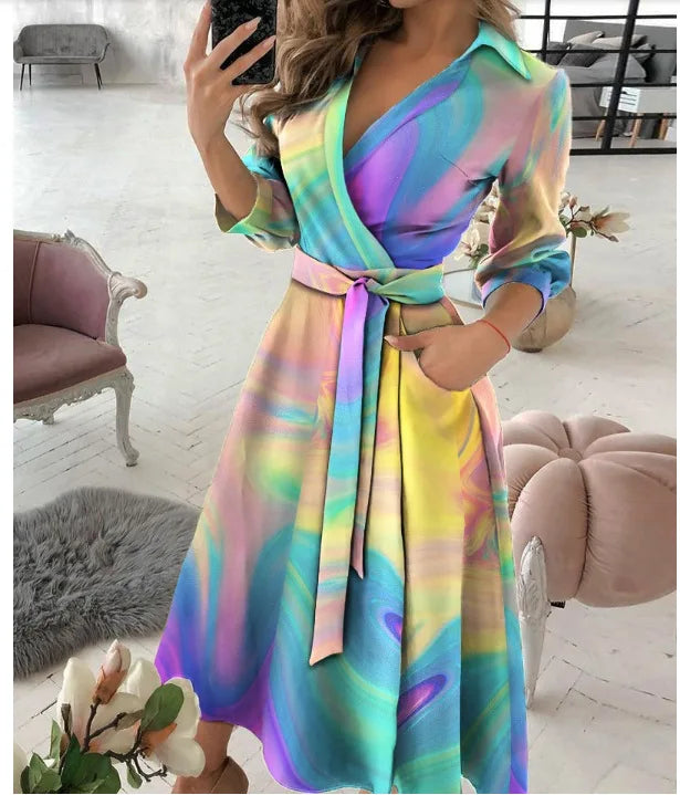 Women's Printed Long Sleeve A-Line Midi Dress — V-Neck Button-Up