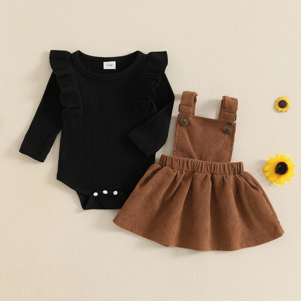 Infant Baby Girl Fall Outfits Ruffles Long Sleeve Crew Neck Ruffled Romper with Corduroy Suspender Skirt 2 Pcs Girls Sets