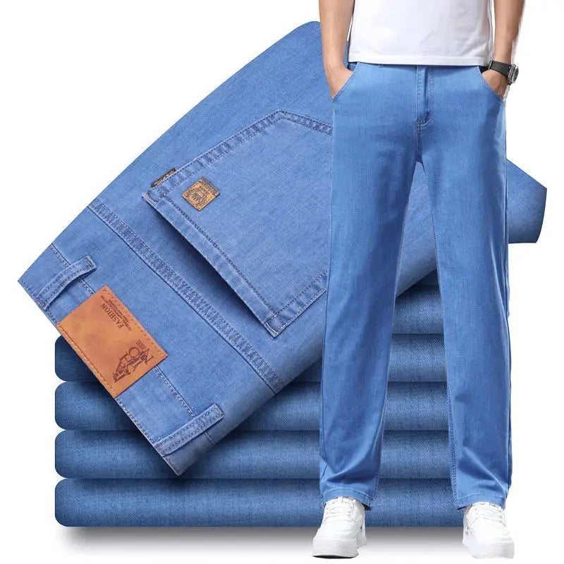 Men's Slim Straight Stretch Jeans – Lightweight Smart Casual Denim Pants
