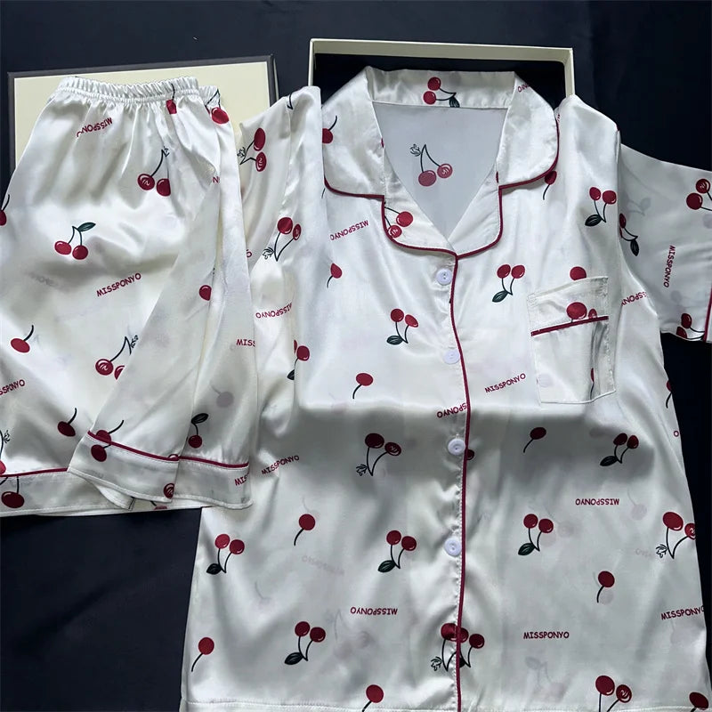Cherry Print Satin Pajama Set for Women – Short Sleeve Top & Shorts