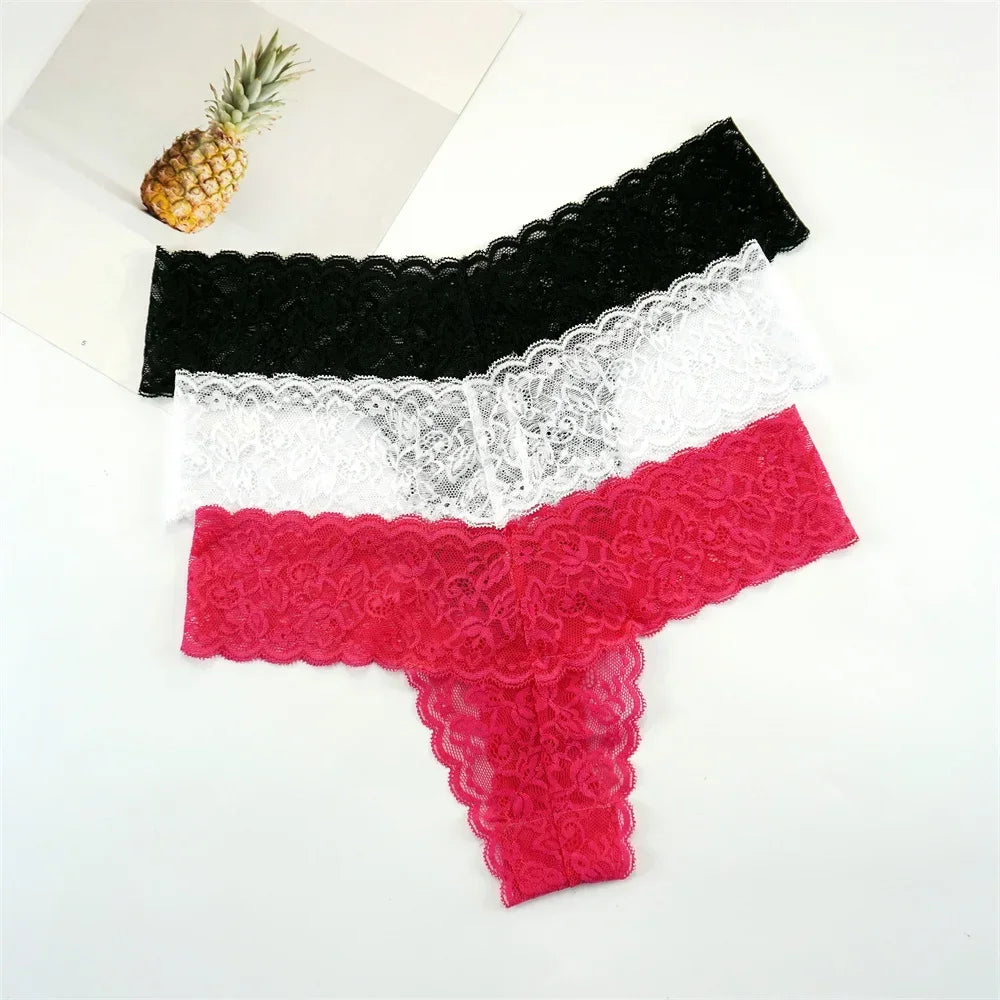 Women's Lace Thong Panties – 3-Pack Low-Rise Transparent Sexy Lingerie Set