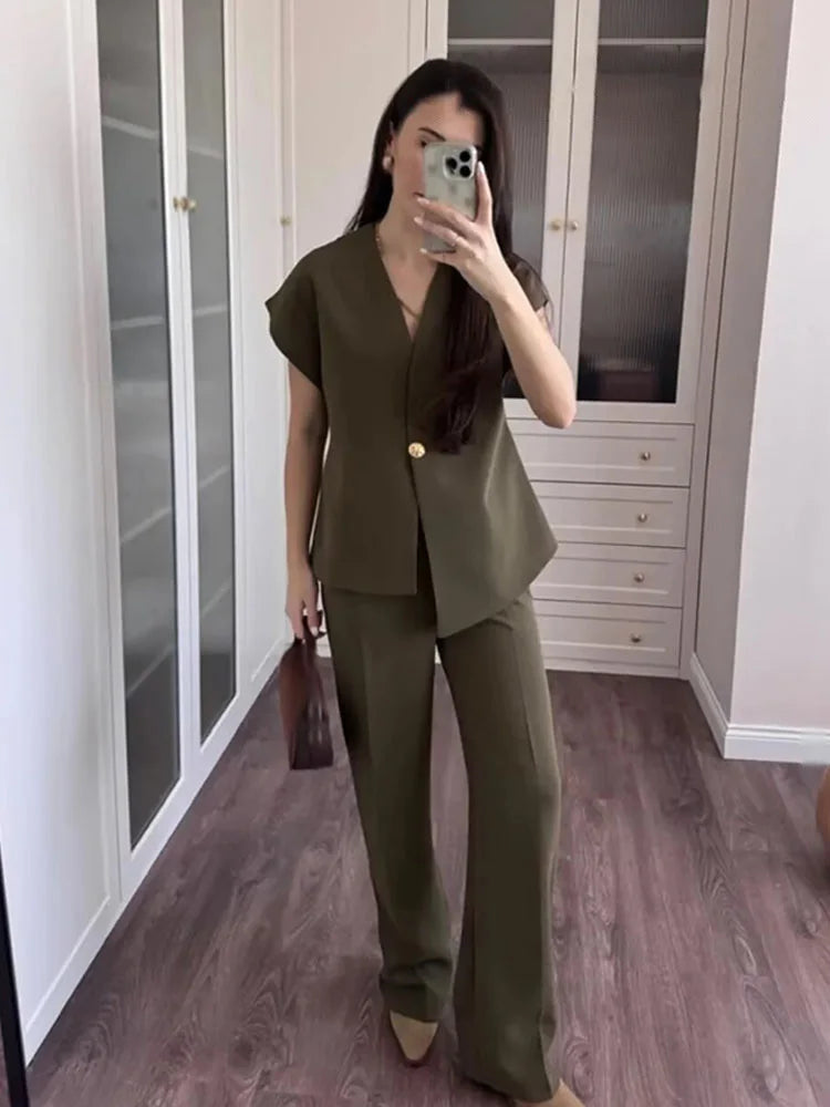 Women's V-Neck Buckle Vest & High Waist Wide-Leg Pants – Chic 2-Piece Office Set