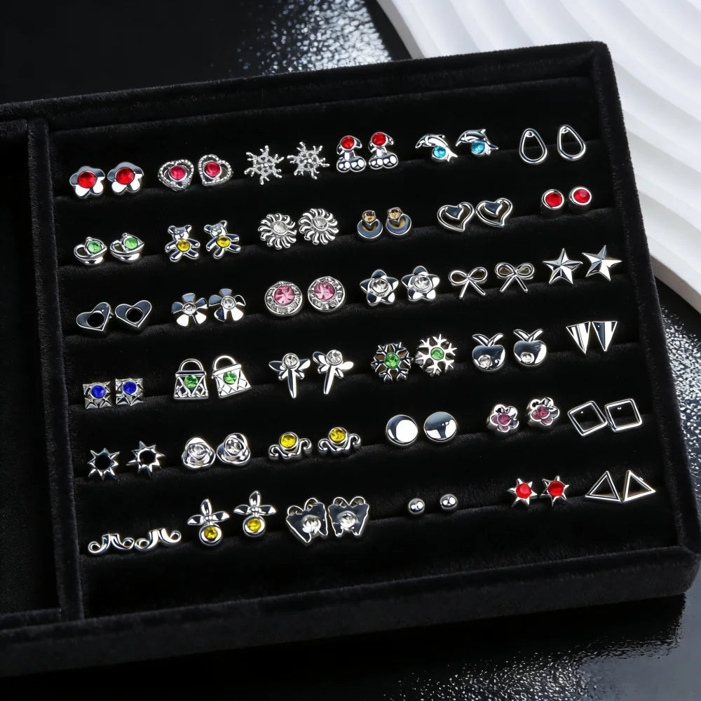 36-Pair Rhinestone Stud Earrings Set | Mixed Geometric Styles for Women