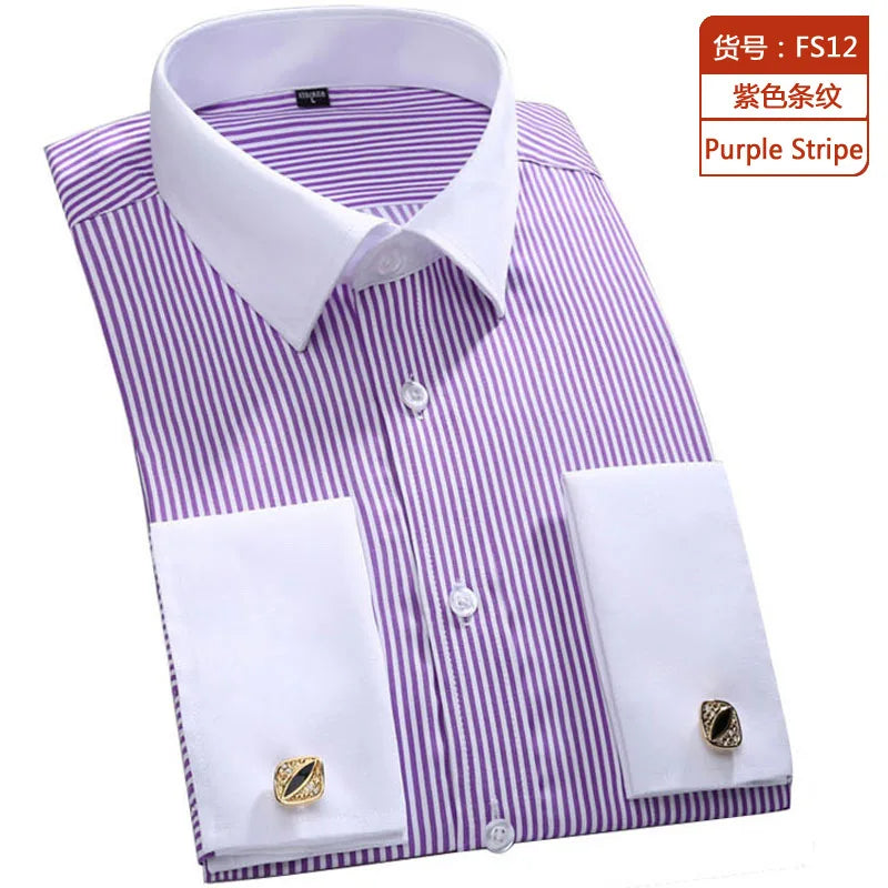 New M~6XL Cotton Men's French Cuffs Business Long Sleeve Shirt Stripes Comfortable Standard Elegant Formal Shirts Cufflink Top
