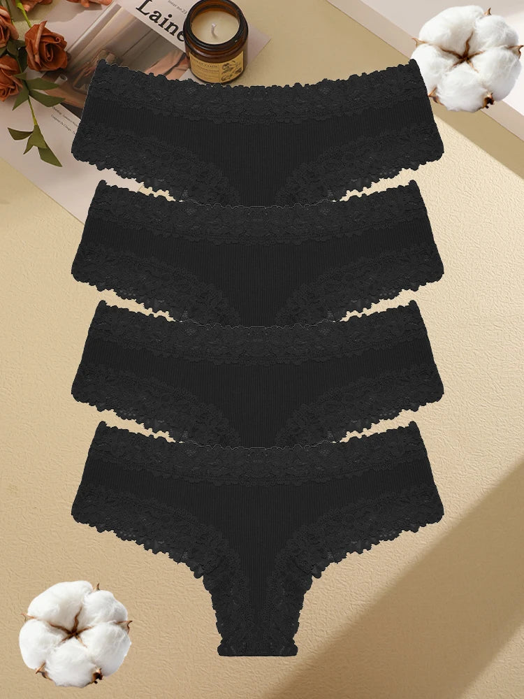 4PCS Seamless Cotton Fabric Panties For Women Sexy Lace Solid Color Brazilian Pants Female Soft Comfortable Bikini Underpants