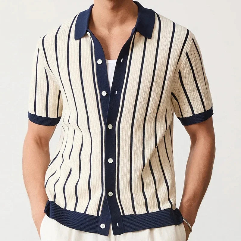 Men's Luxury Knit Striped Shirt — Vintage Slim Fit Button-Up Short Sleeve | M–3XL