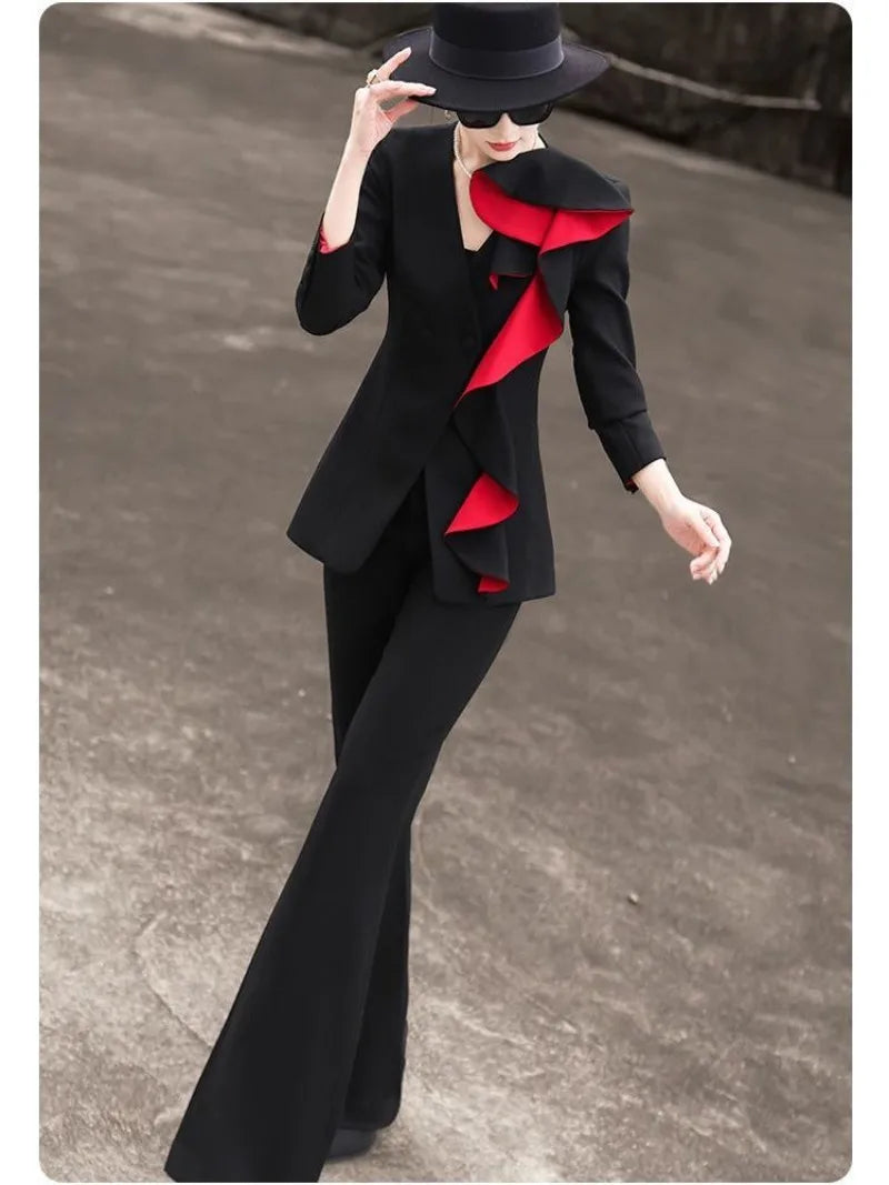 New Fashion Ruffles Blazer Suit Women Autumn High End Elegant V-neck Long Sleeve Jacket + Micro Flare Pants Two Piece Set