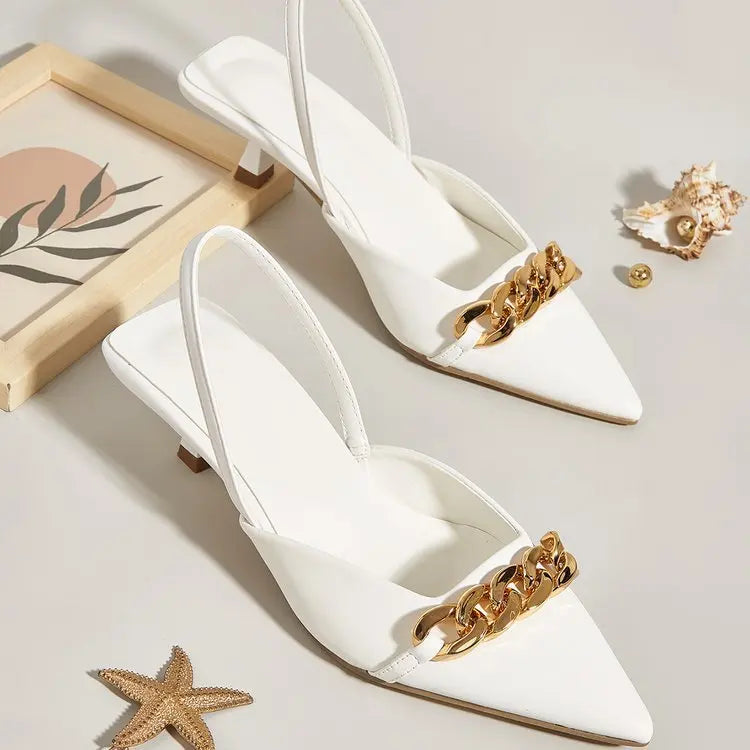 Women's Pointed-Toe Slingback Heels | Chain Detail Platform Sandals | 3 Colors | EU 35–42